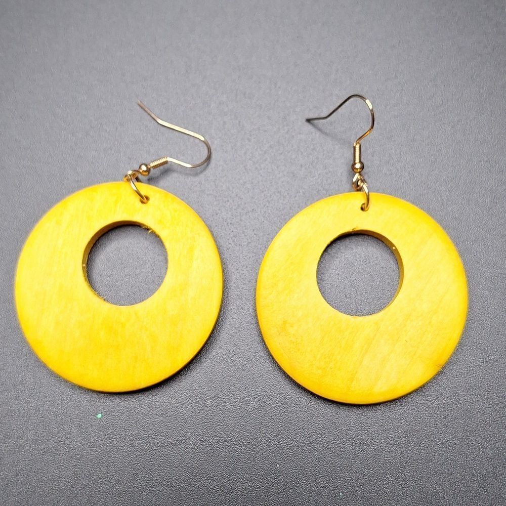 Mustard Yellow Wood earrings hollowed out hoop style
